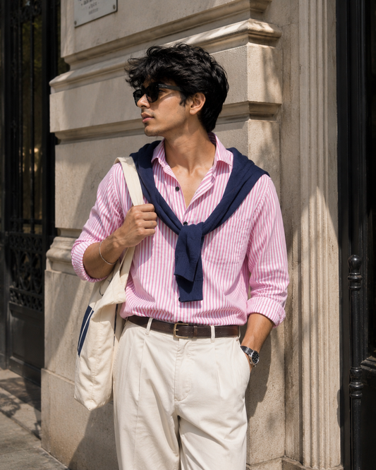 Man wearing a pink striped shirt with a navy sweater over shoulders, white pants, and sunglasses, standing against a building.