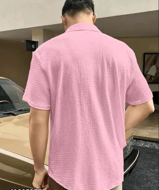 The Blush Haven Textural Camp Collar Shirt: Refined Summer Ease - Dressthetic