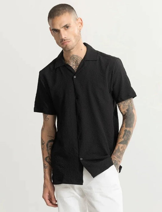 The Obsidian Textural Camp Collar Shirt: Effortless Modernism - Dressthetic