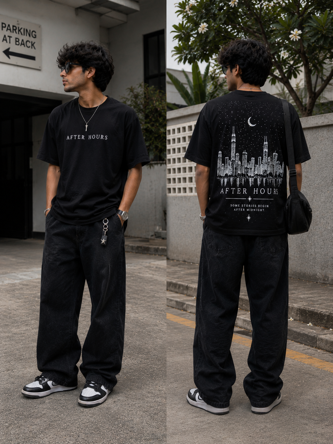 Person wearing a black 'AFTER HOURS' t-shirt with a cityscape design on the back, standing outdoors.