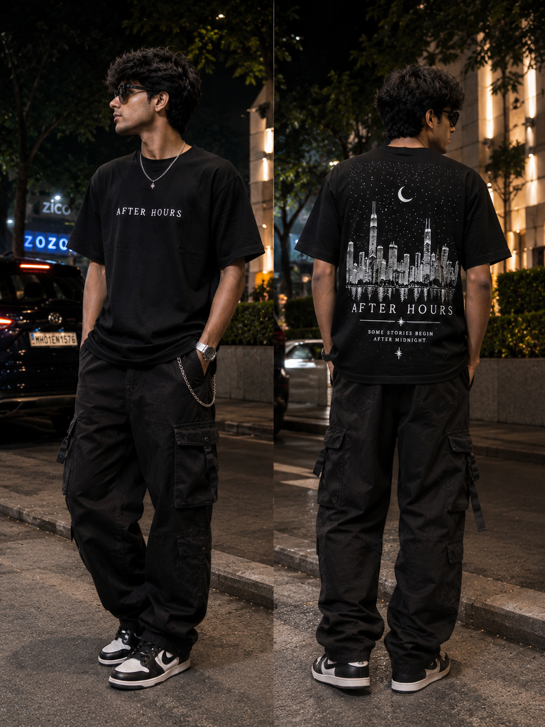 Person wearing a black t-shirt with 'After Hours' design on a city street.