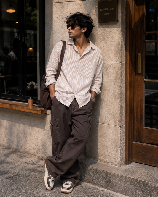 Man leaning against a building wall wearing sunglasses and casual clothing.