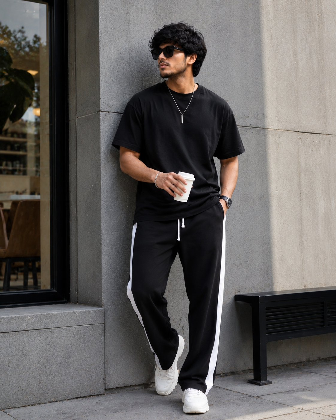 Man in black t-shirt and pants with white stripes leaning against a gray wall.