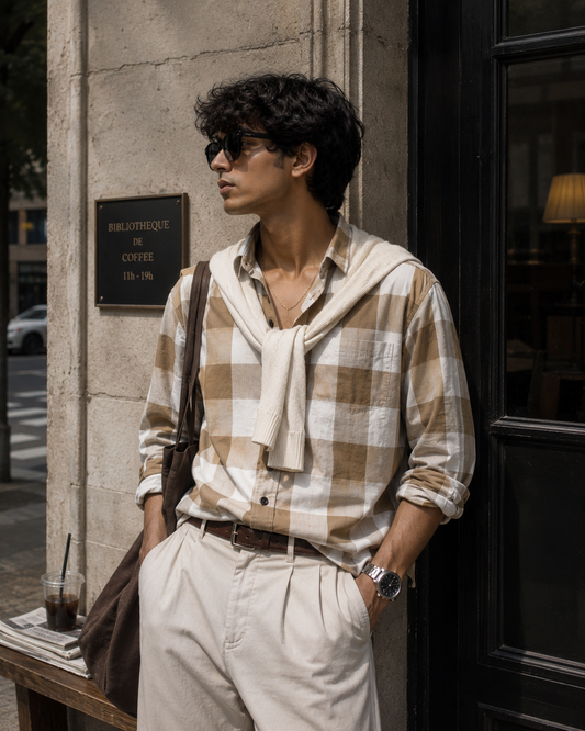 Man wearing a plaid shirt and sunglasses leaning against a building entrance.