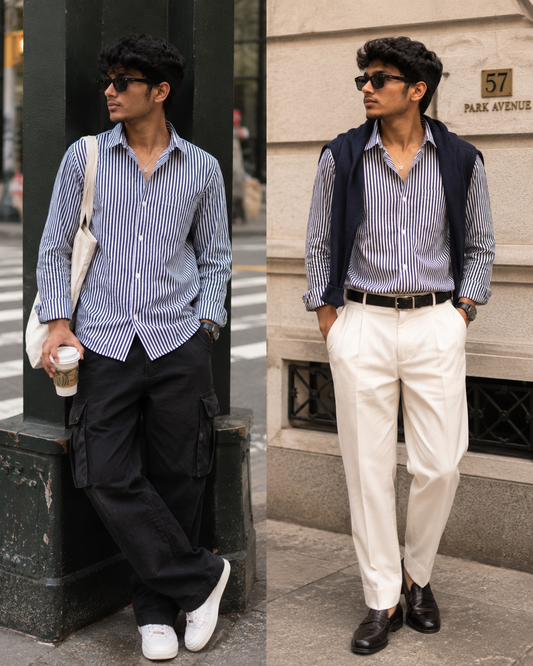 Side-by-side comparison of a person in different outfits on a city street.