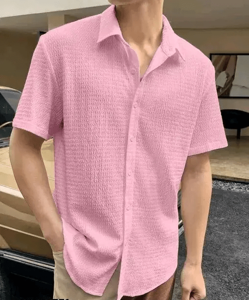 The Blush Haven Textural Camp Collar Shirt: Refined Summer Ease - Dressthetic