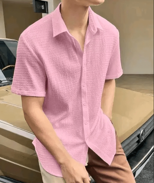 The Blush Haven Textural Camp Collar Shirt: Refined Summer Ease - Dressthetic