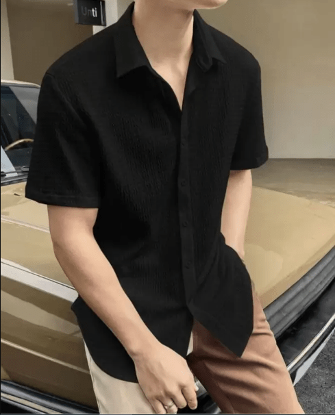 The Obsidian Textural Camp Collar Shirt: Effortless Modernism - Dressthetic