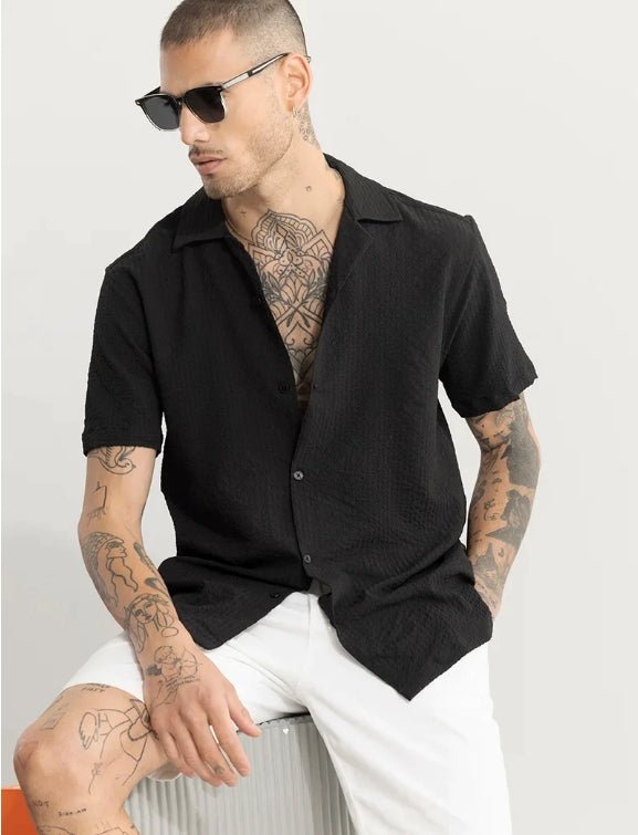 The Obsidian Textural Camp Collar Shirt: Effortless Modernism - Dressthetic