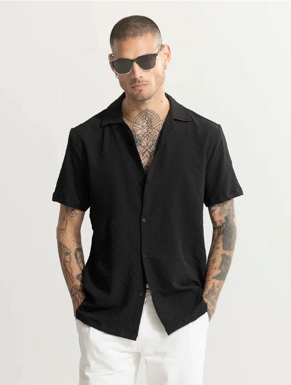 The Obsidian Textural Camp Collar Shirt: Effortless Modernism - Dressthetic