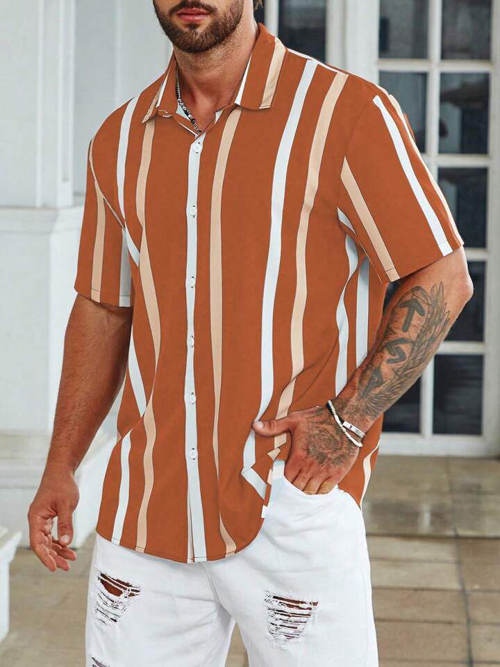 The Terracotta Coast Relaxed Cuban Collar Striped Shirt - Dressthetic